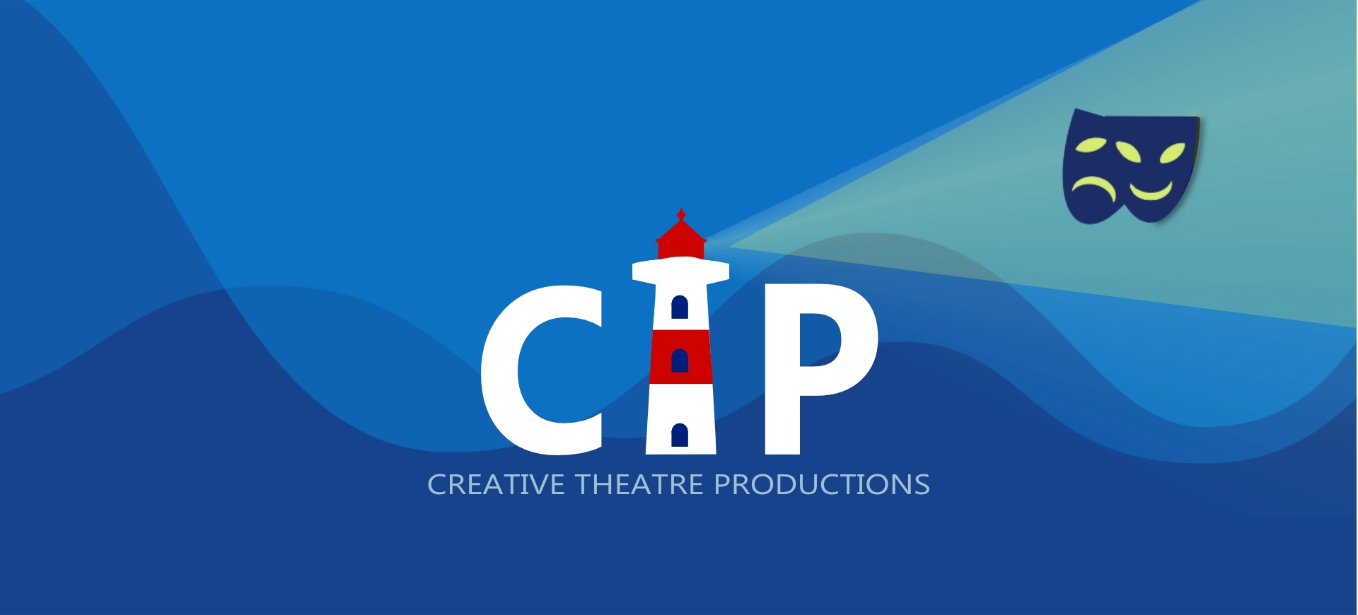 Logo for Creative Theatre Productions featuring the initials “CTP” with a red and white lighthouse forming the letter T, shining a beam of light toward two theatre masks on a blue wave-patterned background.